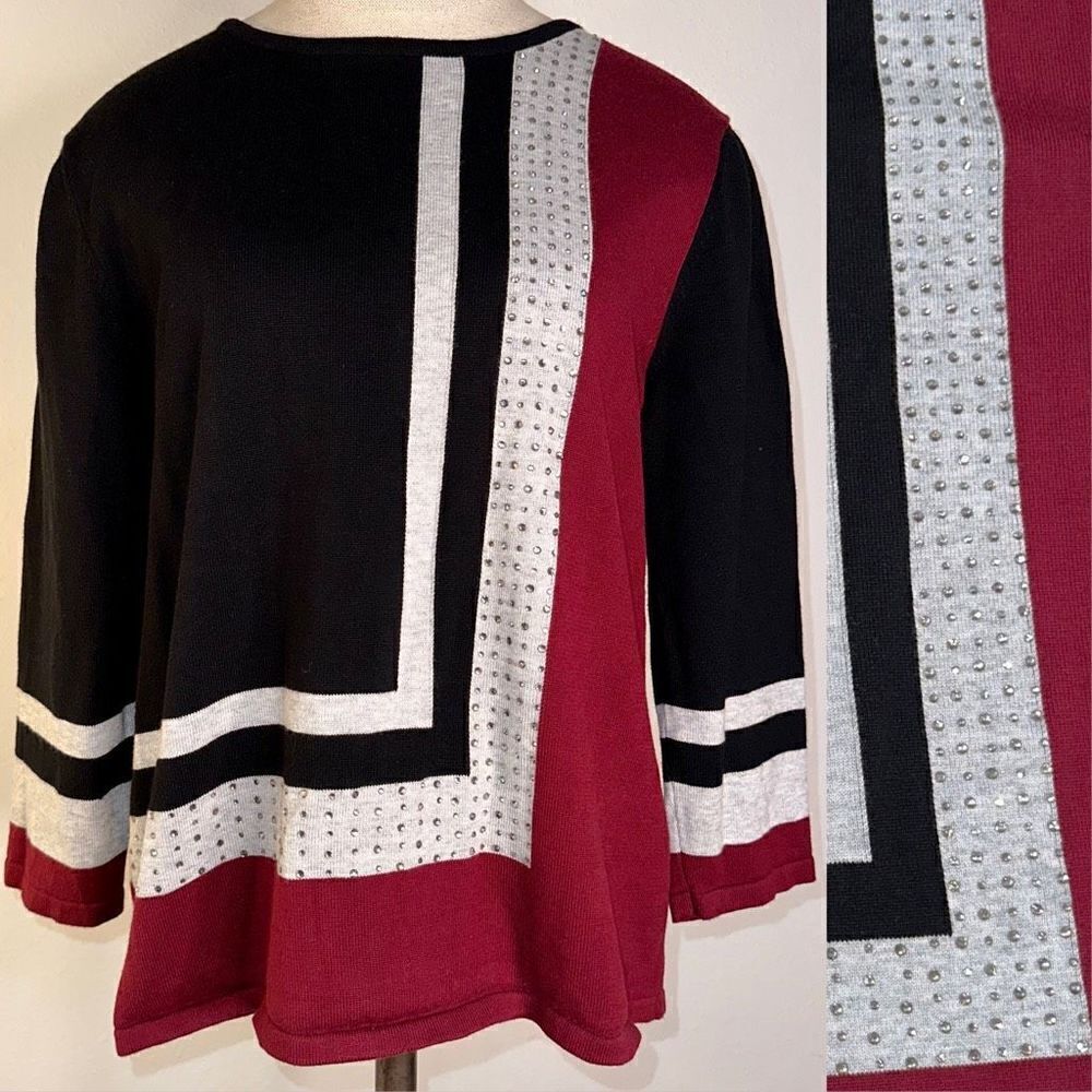 Alfred Dunner MP Retro Colorblocked Rhinestone Embellished 3/4‎ Sleeve Sweater